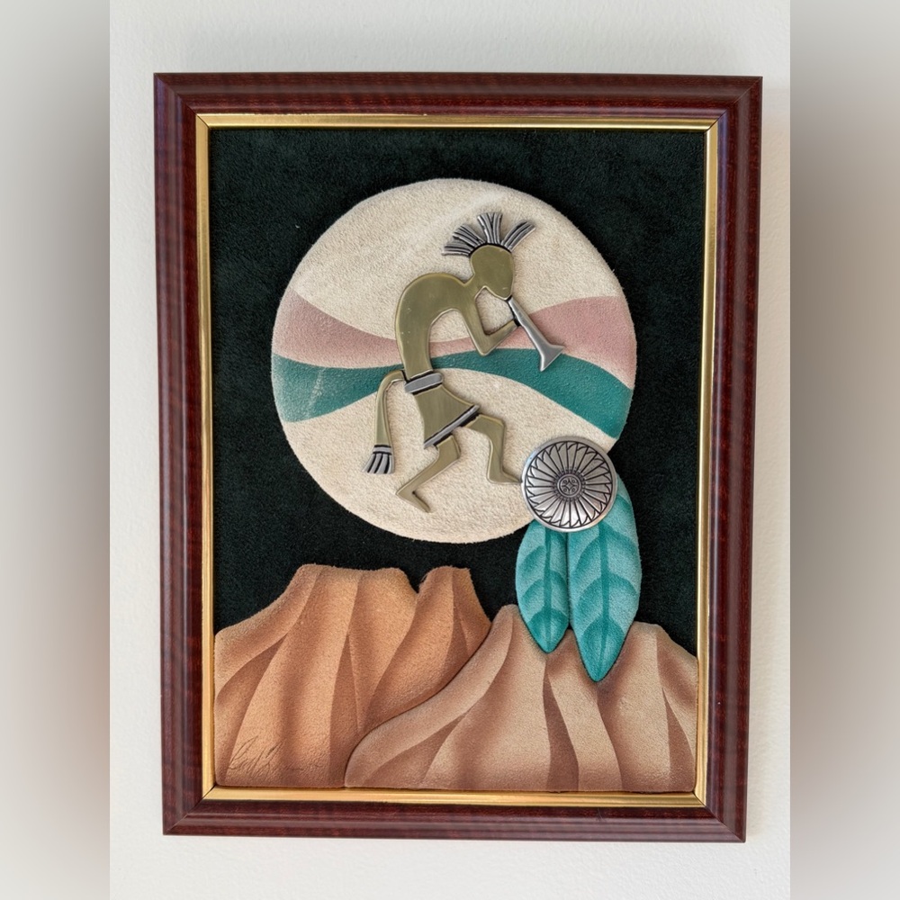 Signed Carl Queen Suede Metal Media Native American Indian Art Decor Kokopelli